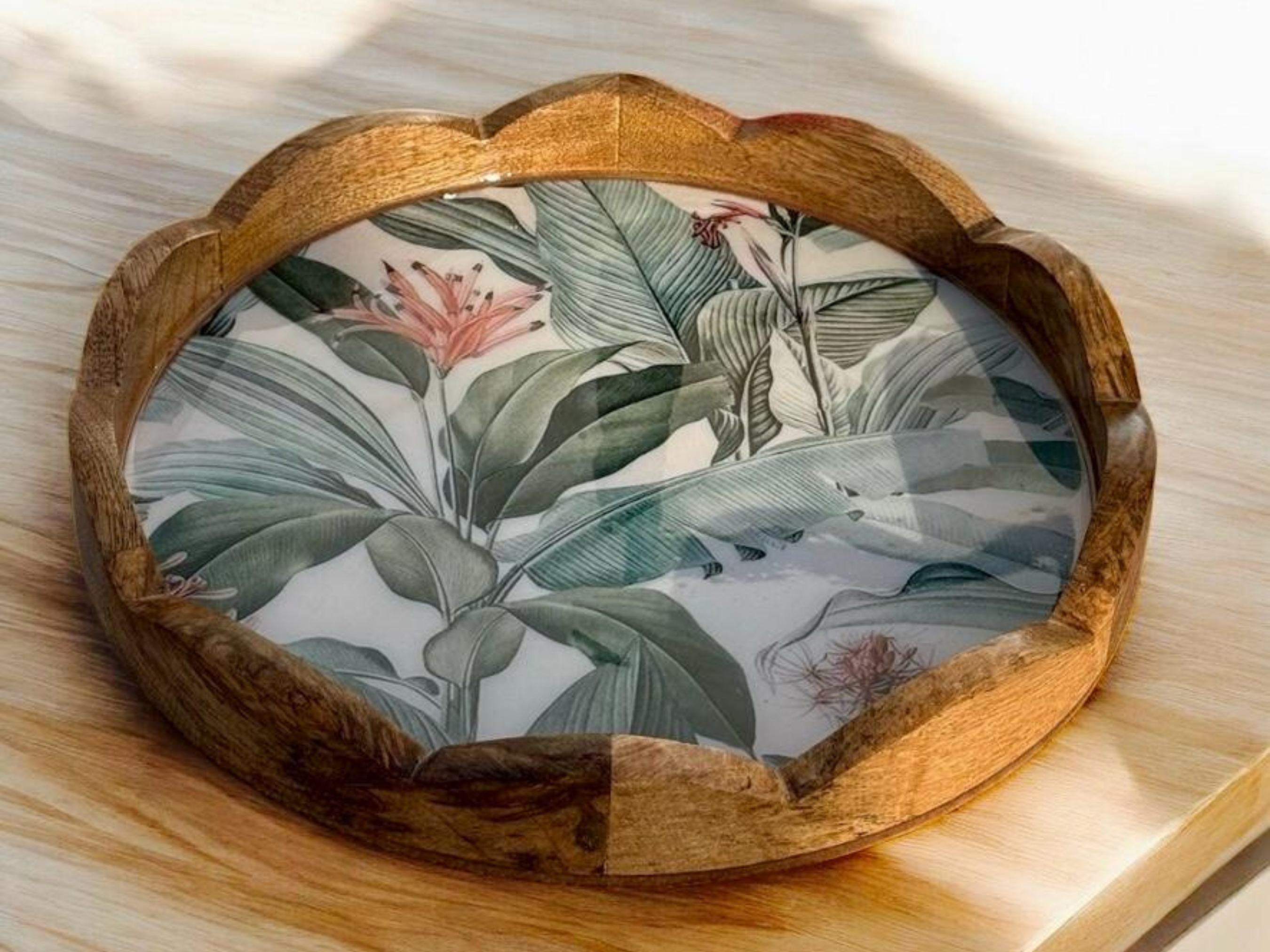 Tropical Mango Wood Carved Round Tray