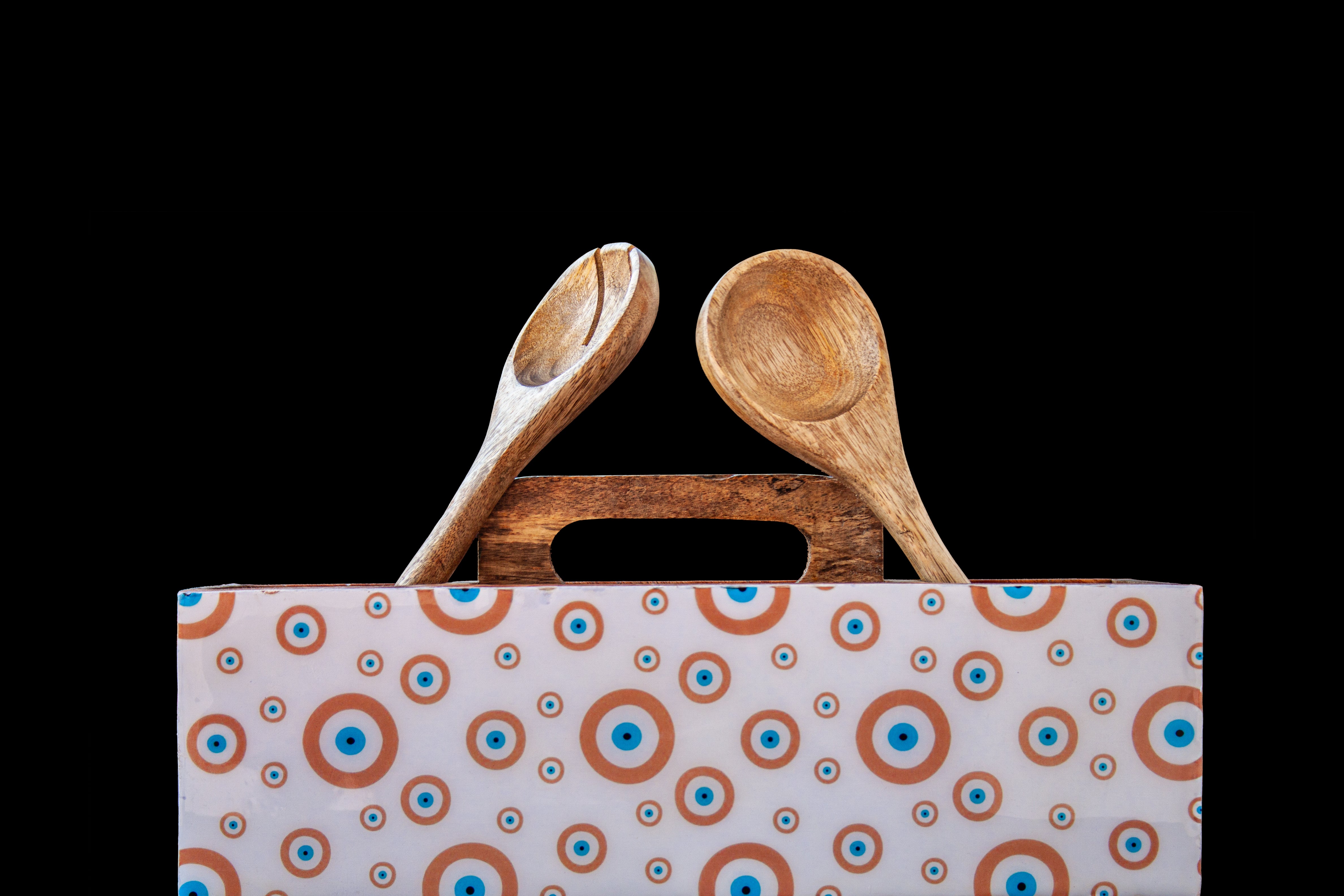 Mango Wood Utensil & Cutlery Organizer with Evil Eye pattern for Kitchen Dining Countertops