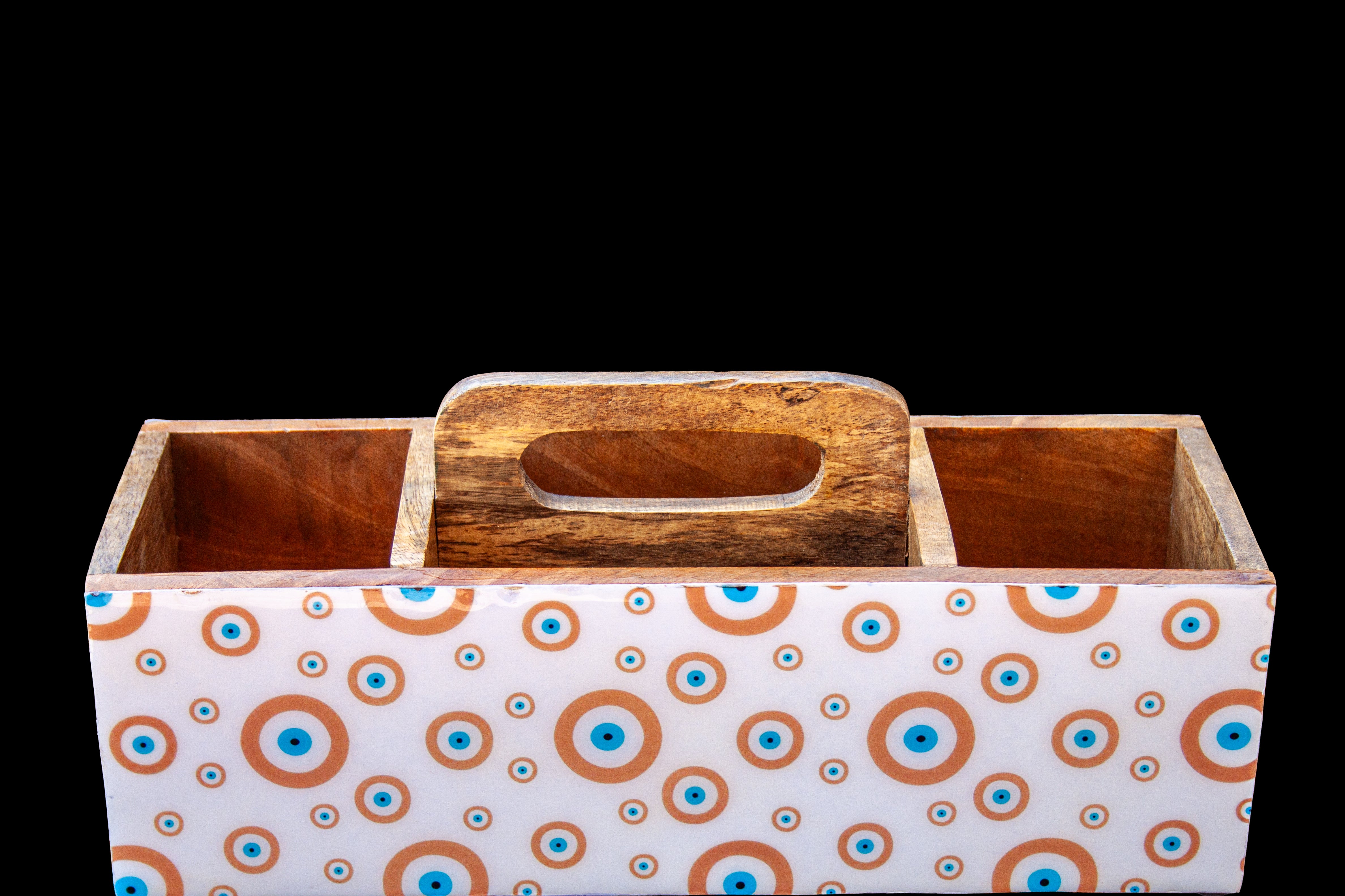 Mango Wood Utensil & Cutlery Organizer with Evil Eye pattern for Kitchen Dining Countertops