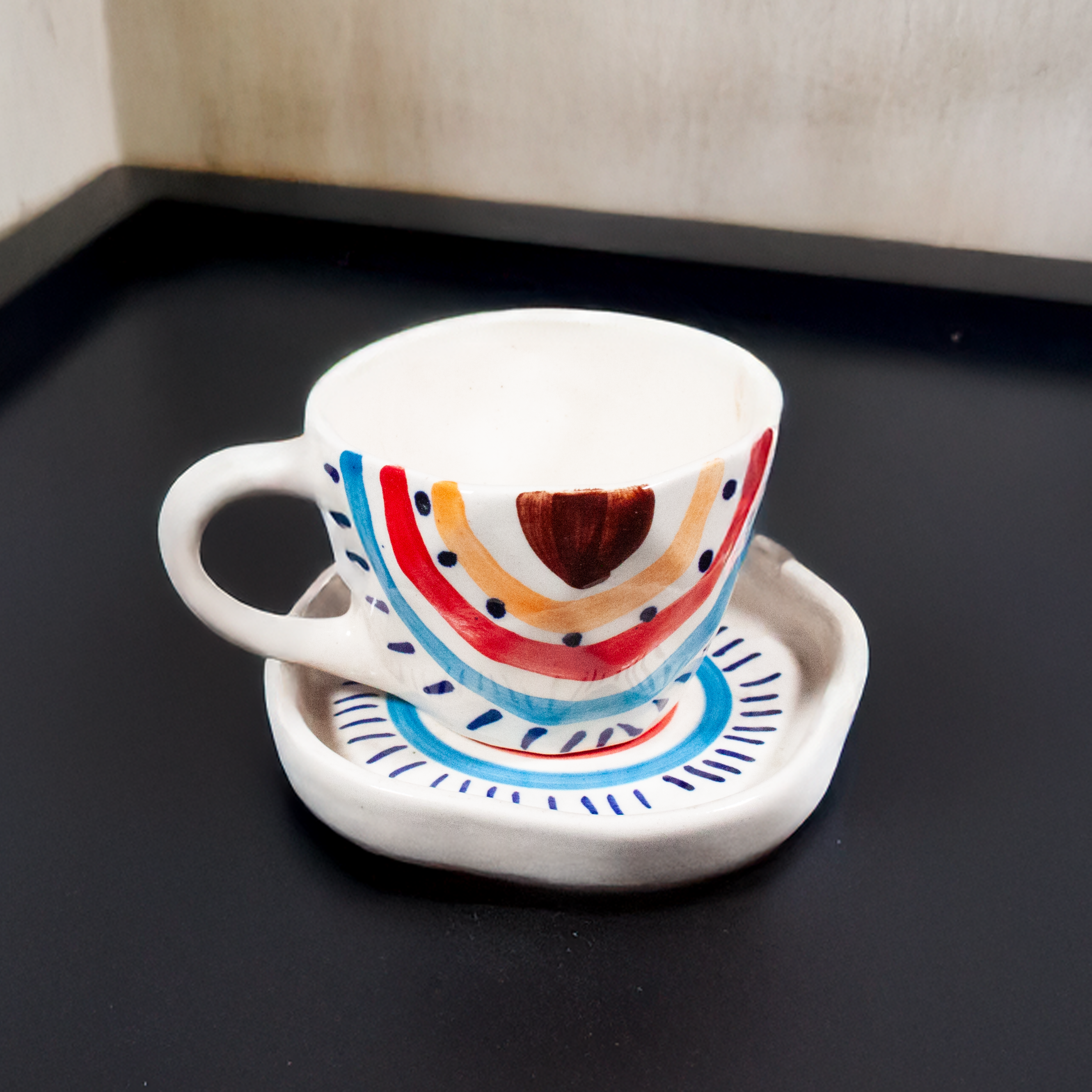 Boho Hand Painted Rustic Ceramic Cups & Saucers