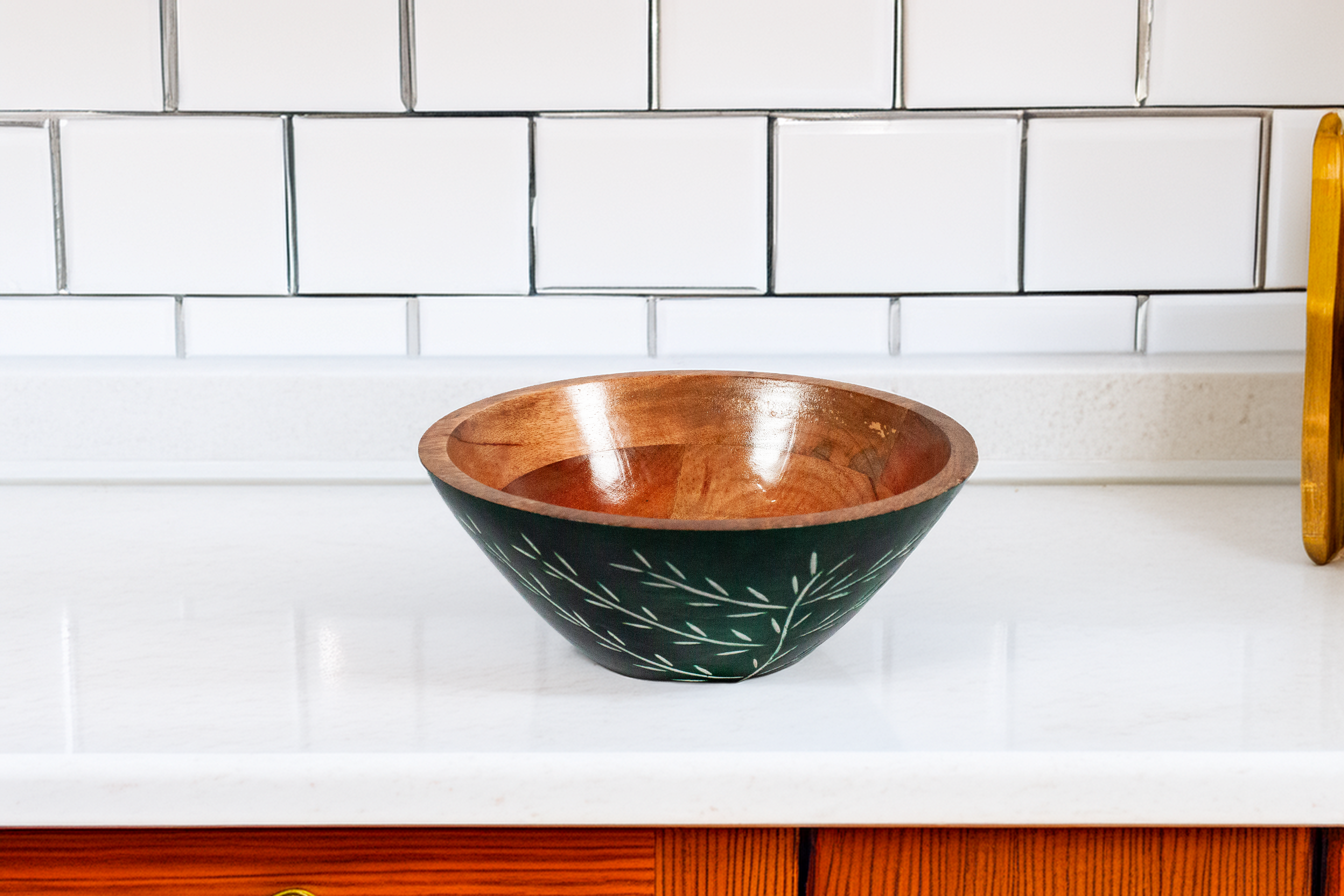 Carved Pattern Mango Wood Bowl - Green