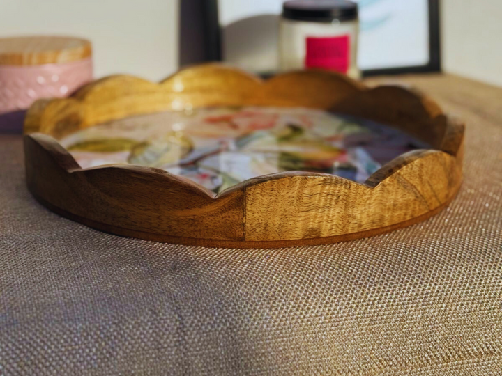 Mango wood carved round Tray