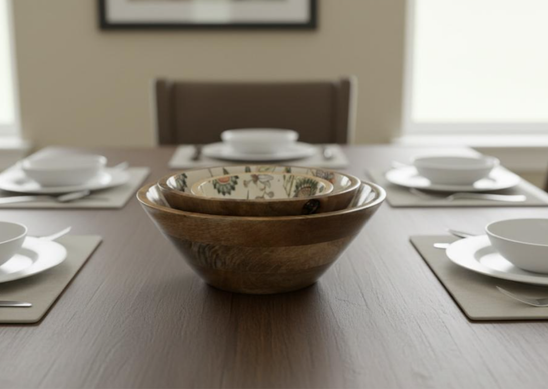 Large Hummingbird Mango Wood Serving Bowl Set