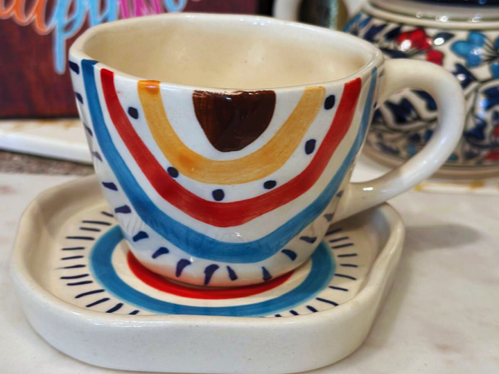 Boho Hand Painted Rustic Ceramic Cups & Saucers