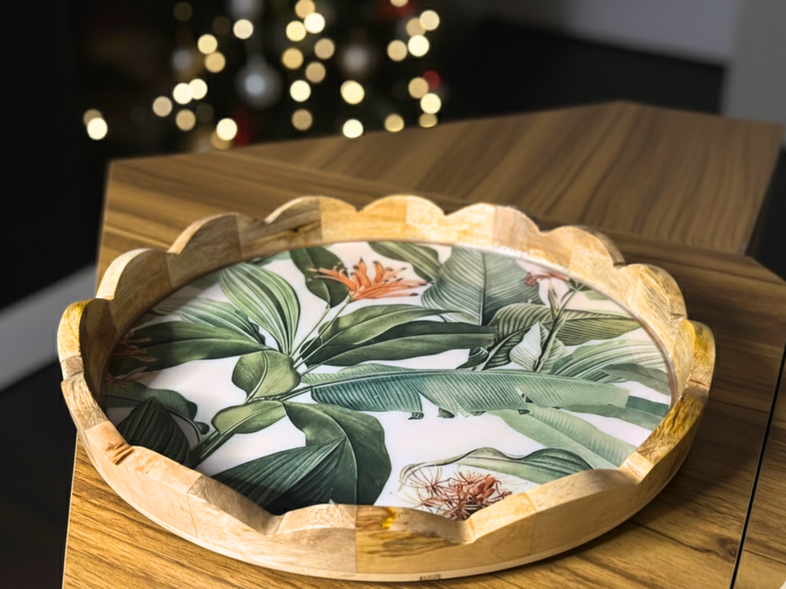 Tropical Mango Wood Carved Round Tray