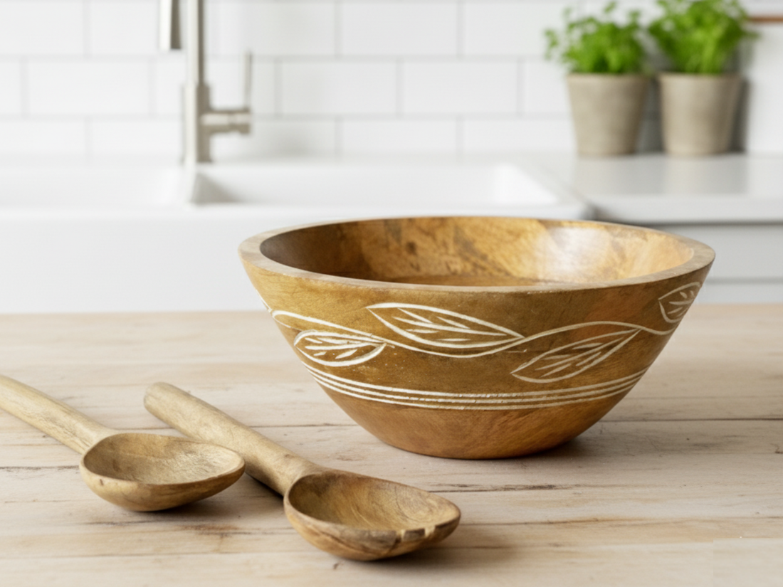 Carved Pattern Mango Wood Bowl - Brown