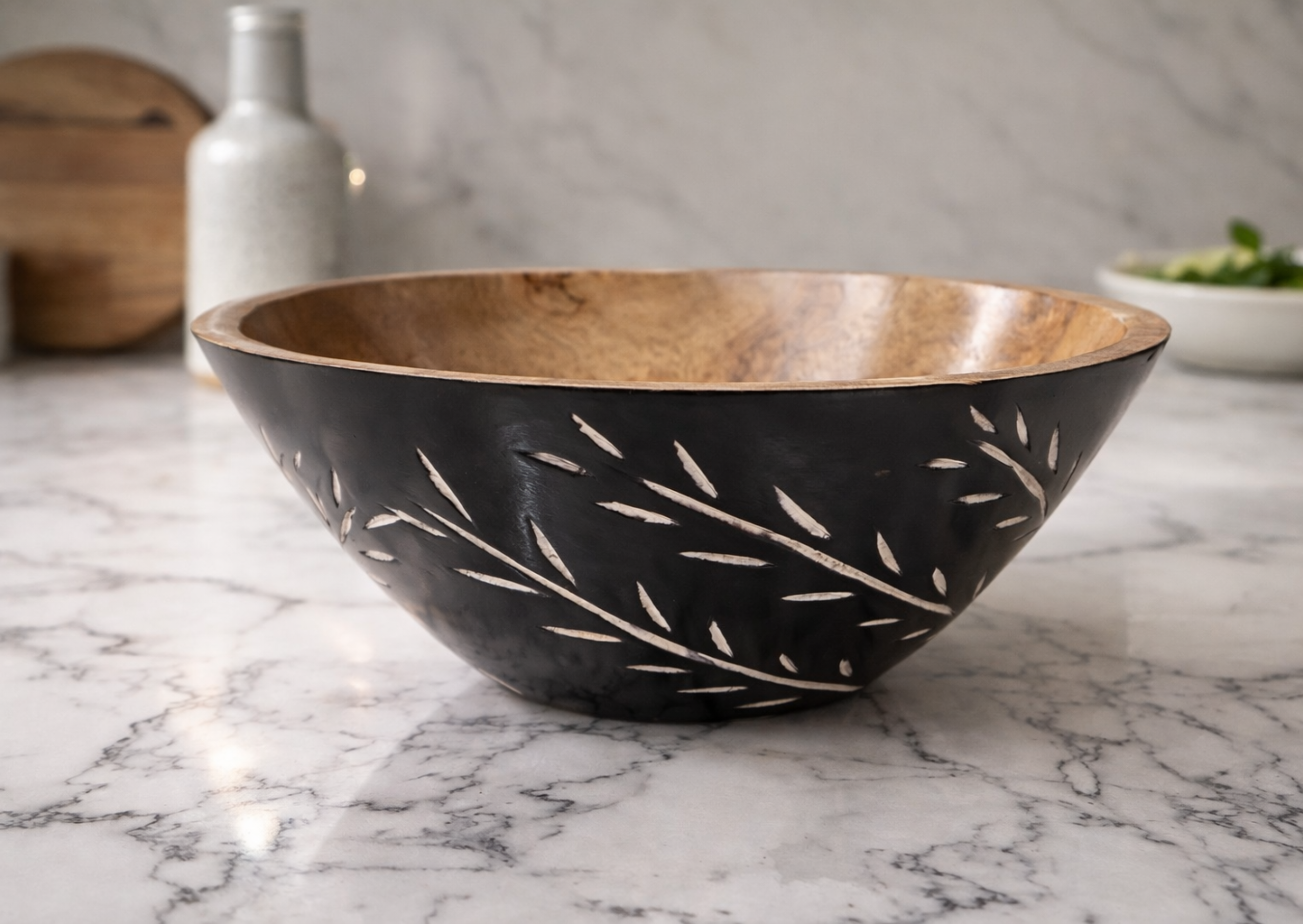 Carved Pattern Mango Wood Bowl - Black
