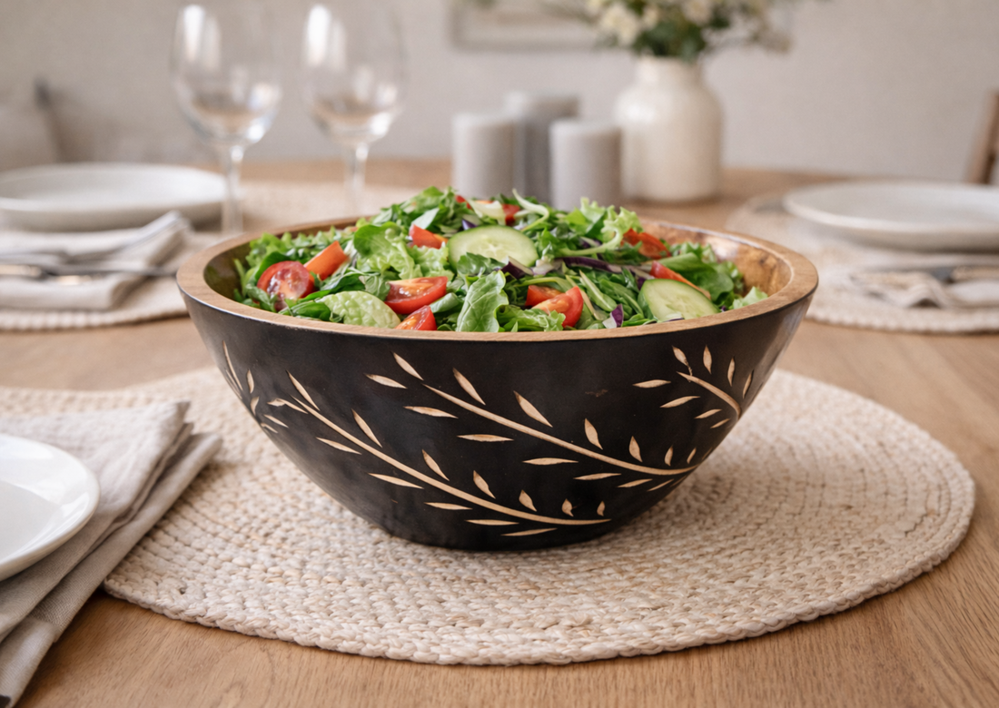 Carved Pattern Mango Wood Bowl - Black