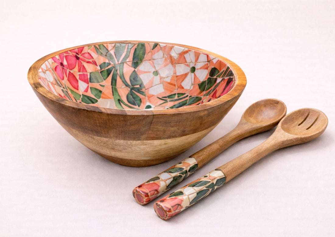 Large Mosaic Mango Wood Serving Bowl Set
