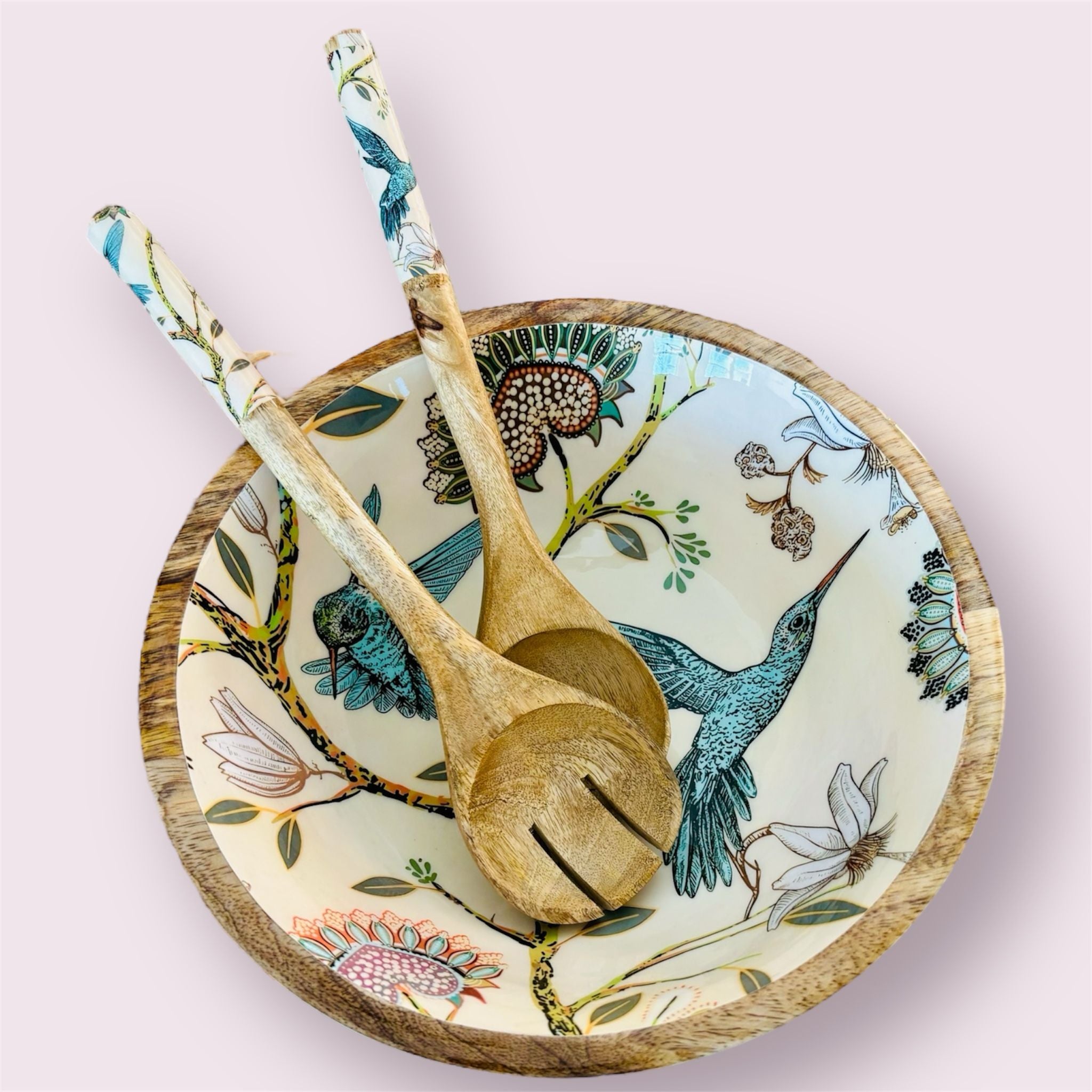 Large Hummingbird Mango Wood Serving Bowl Set