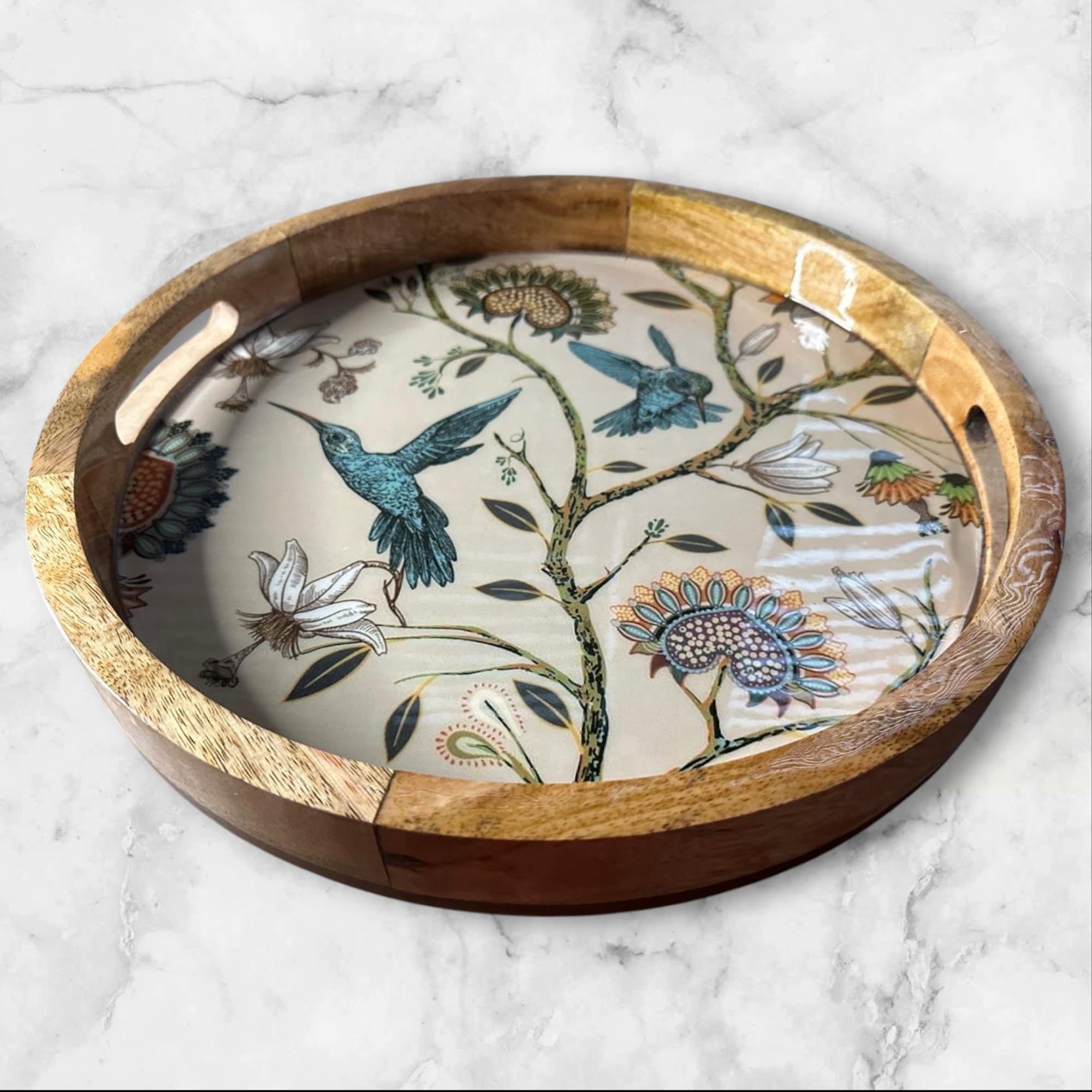 Hummingbird Mango Wood Modern Round Tray