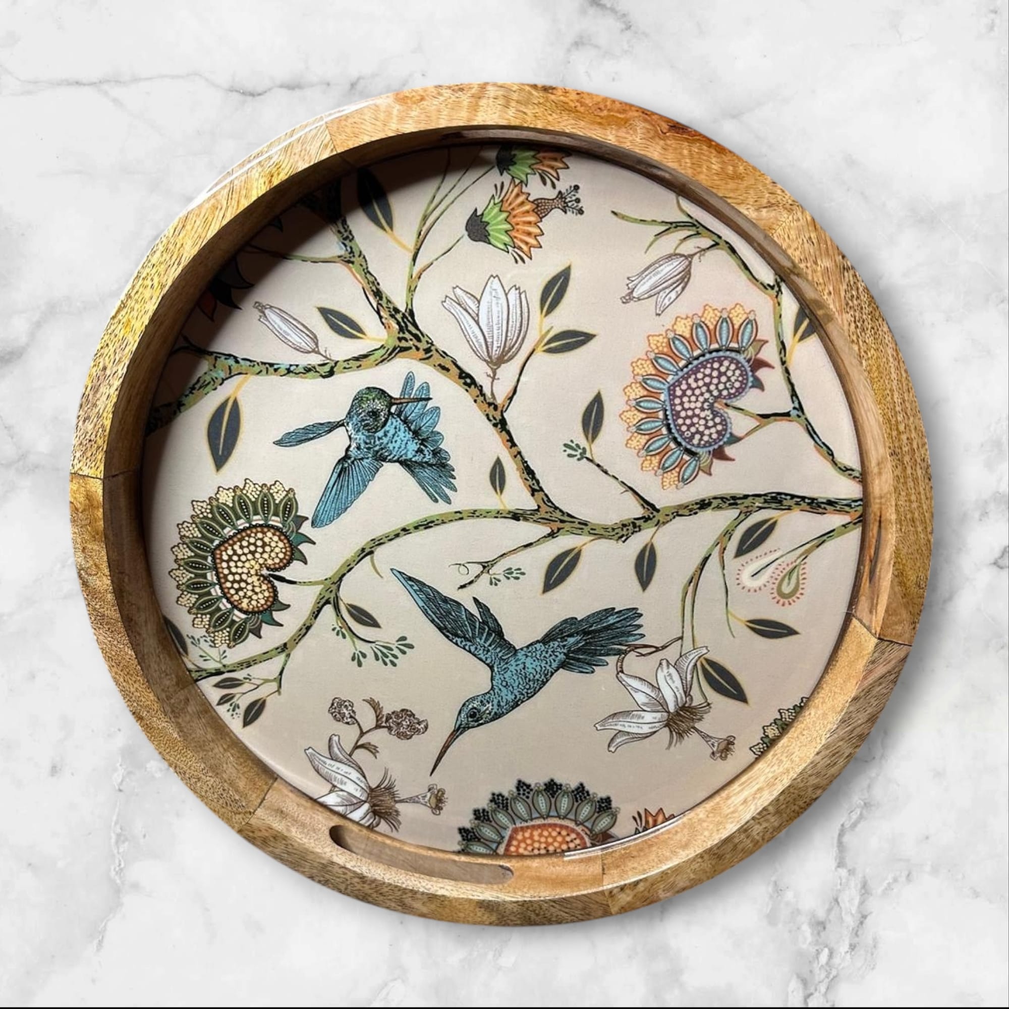 Hummingbird Mango Wood Modern Round Tray