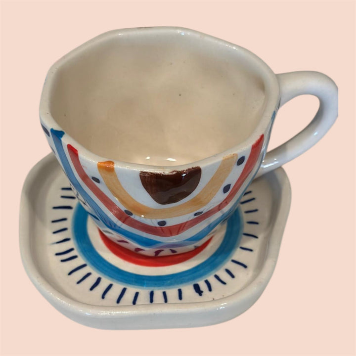 Boho Hand Painted Rustic Ceramic Cups & Saucers