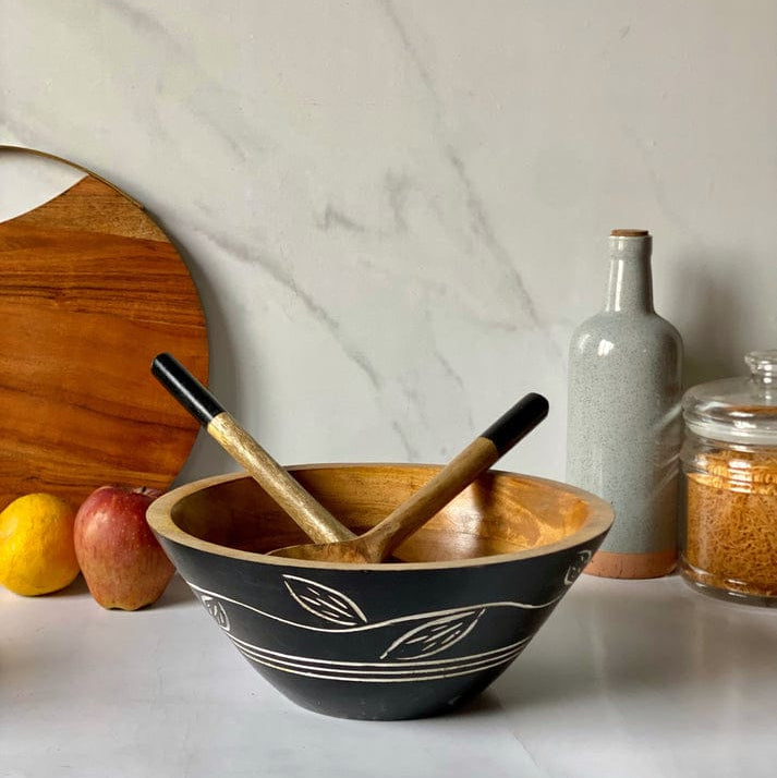 Carved Pattern Mango Wood Bowl - Black