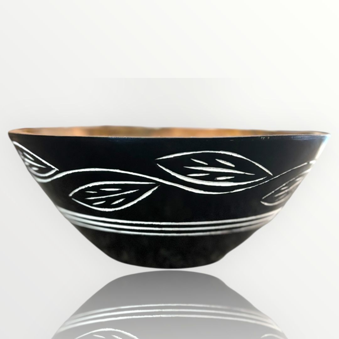 Carved Pattern Mango Wood Bowl - Black