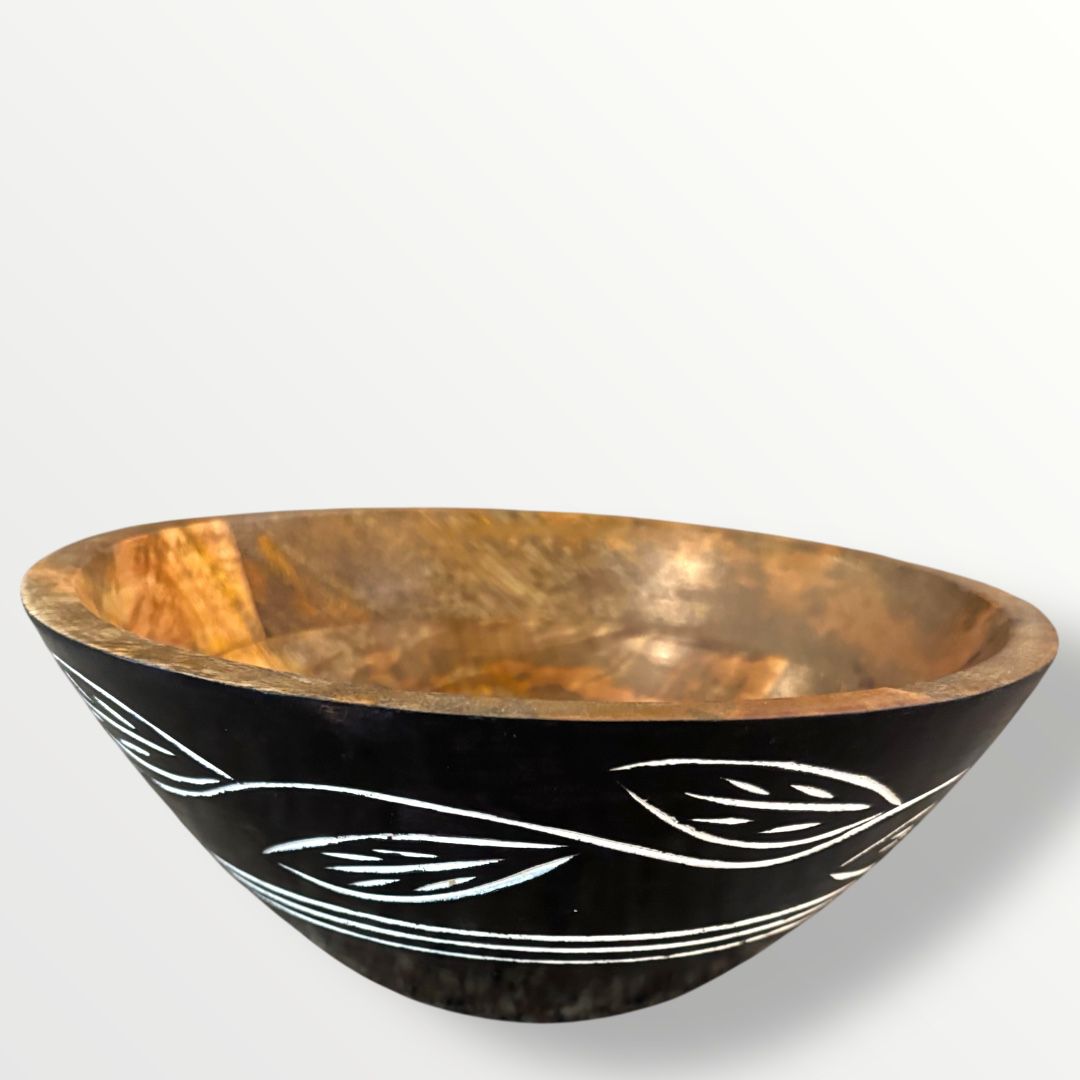 Carved Pattern Mango Wood Bowl - Black