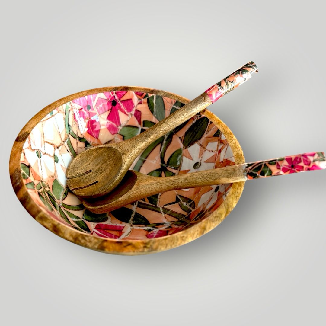 Large Mosaic Mango Wood Serving Bowl Set