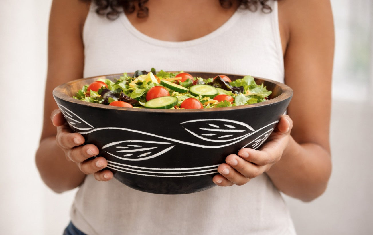 Carved Pattern Mango Wood Bowl - Black