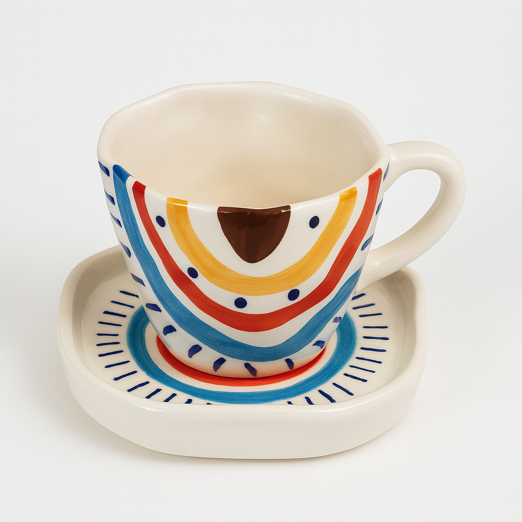 Boho Hand Painted Rustic Ceramic Cups & Saucers