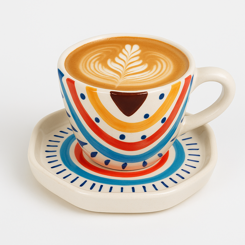 Boho Hand Painted Rustic Ceramic Cups & Saucers