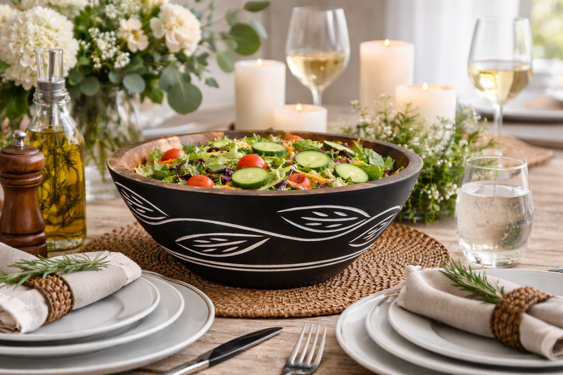 Carved Pattern Mango Wood Bowl - Black