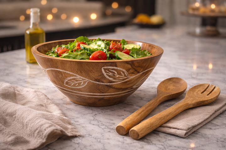 Carved Pattern Mango Wood Bowl - Brown