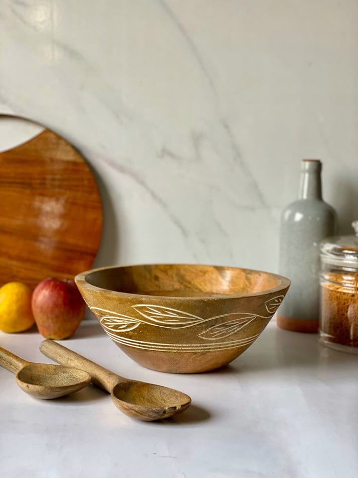 Carved Pattern Mango Wood Bowl - Brown
