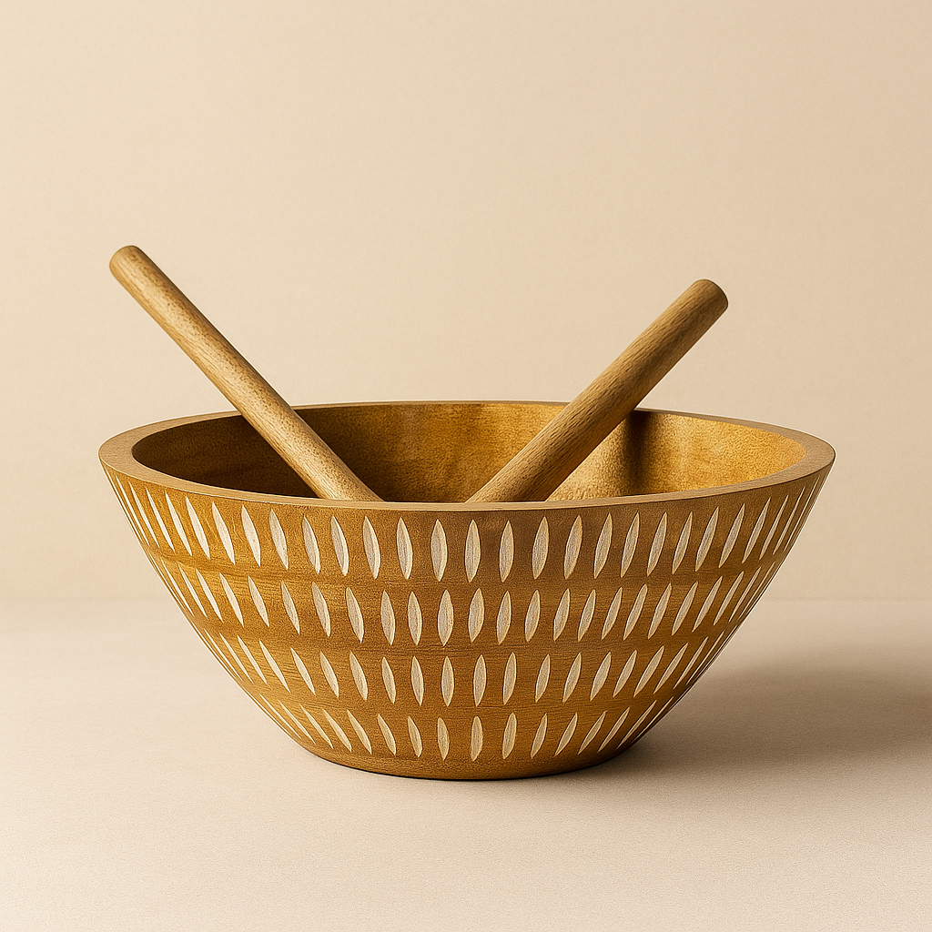 Carved Pattern Mango Wood Bowl - Beige 1