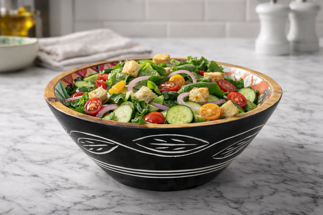 Carved Pattern Mango Wood Bowl - Black