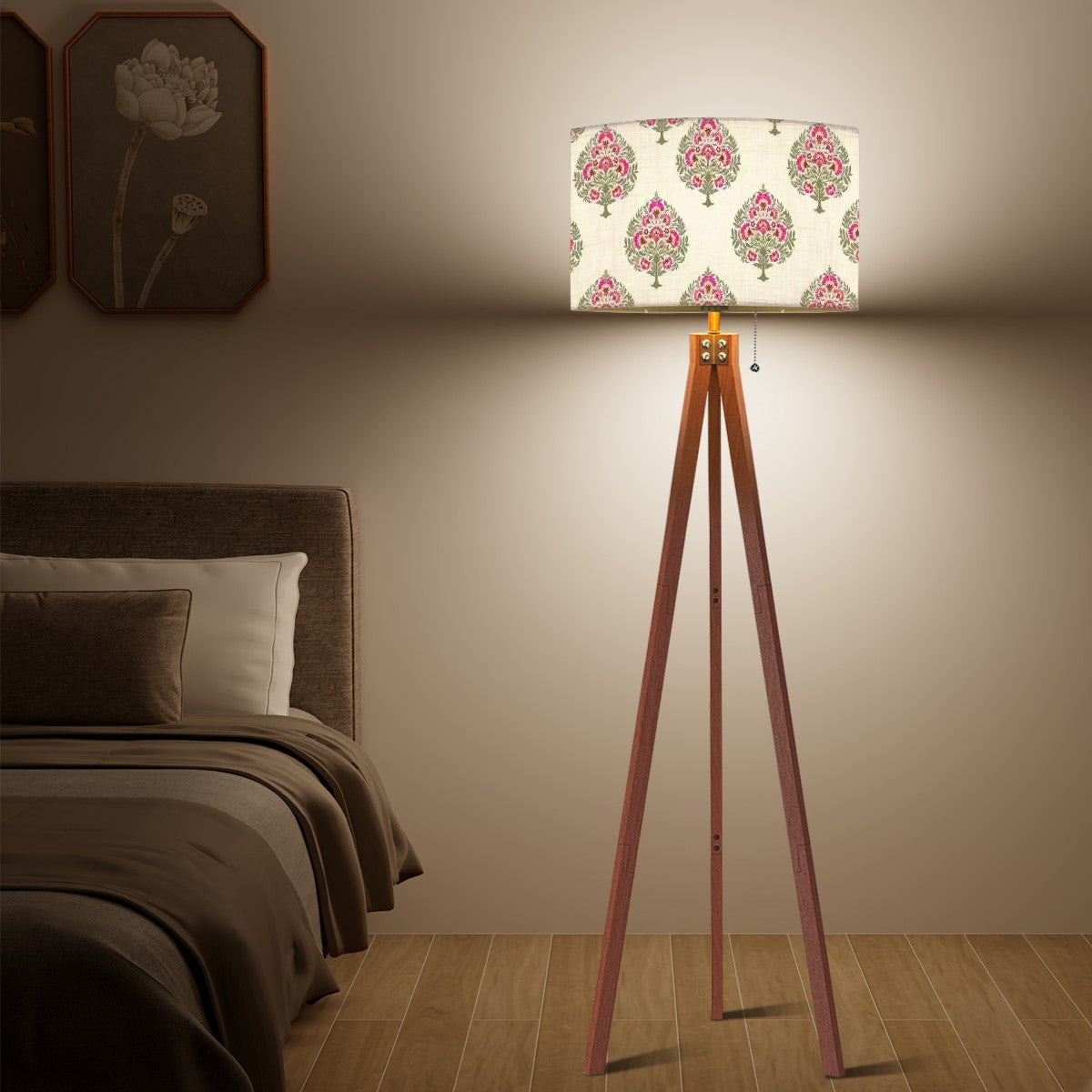 Floral Tripod Floor Lamp with Linen Textured Shade