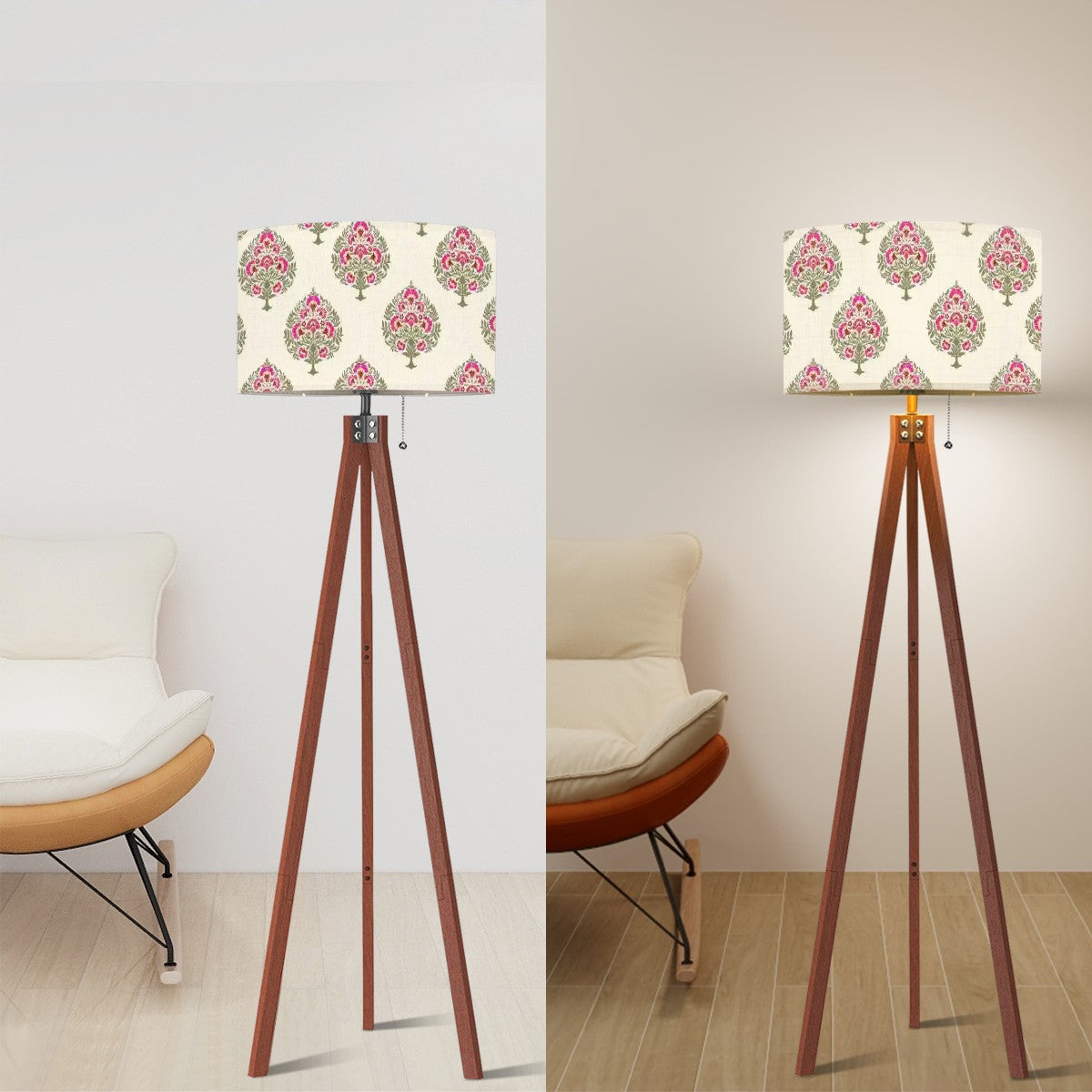 Floral Tripod Floor Lamp with Linen Textured Shade