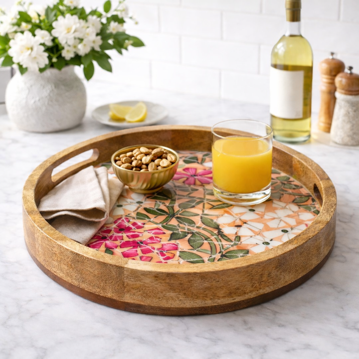 Mosaic Mango Wood Modern Round Tray