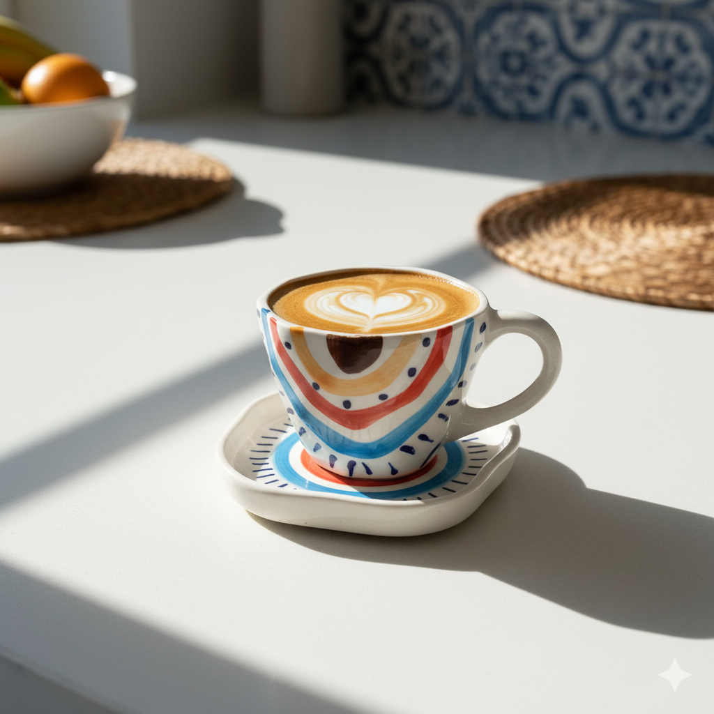 Boho Hand Painted Rustic Ceramic Cups & Saucers