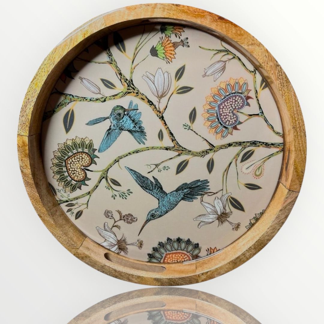 Hummingbird Mango Wood Modern Round Tray
