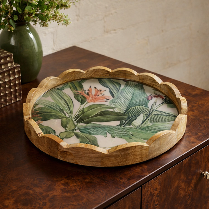 Tropical Mango Wood Carved Round Tray