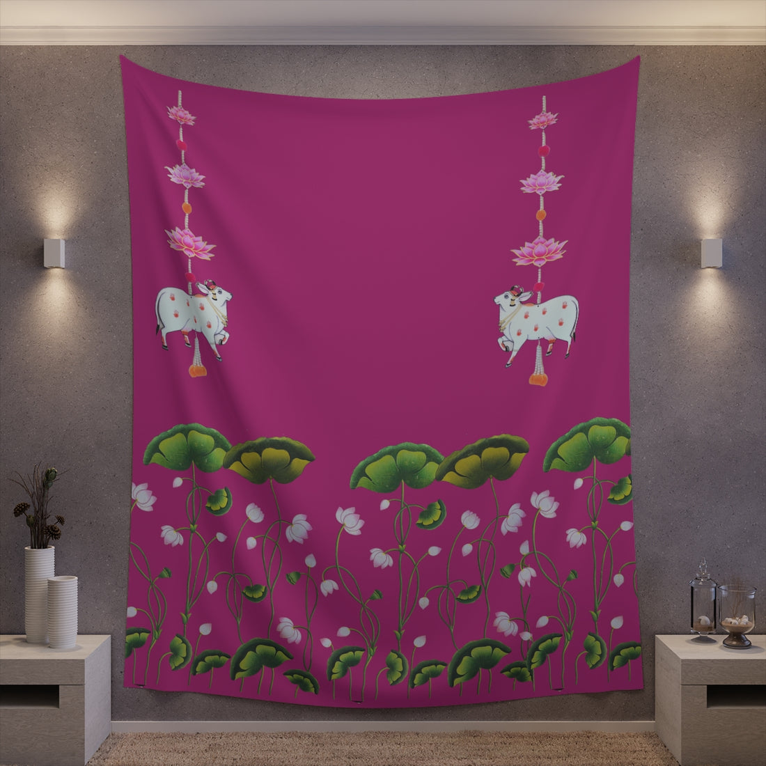 Pichwai Cow Pooja Backdrop Pink