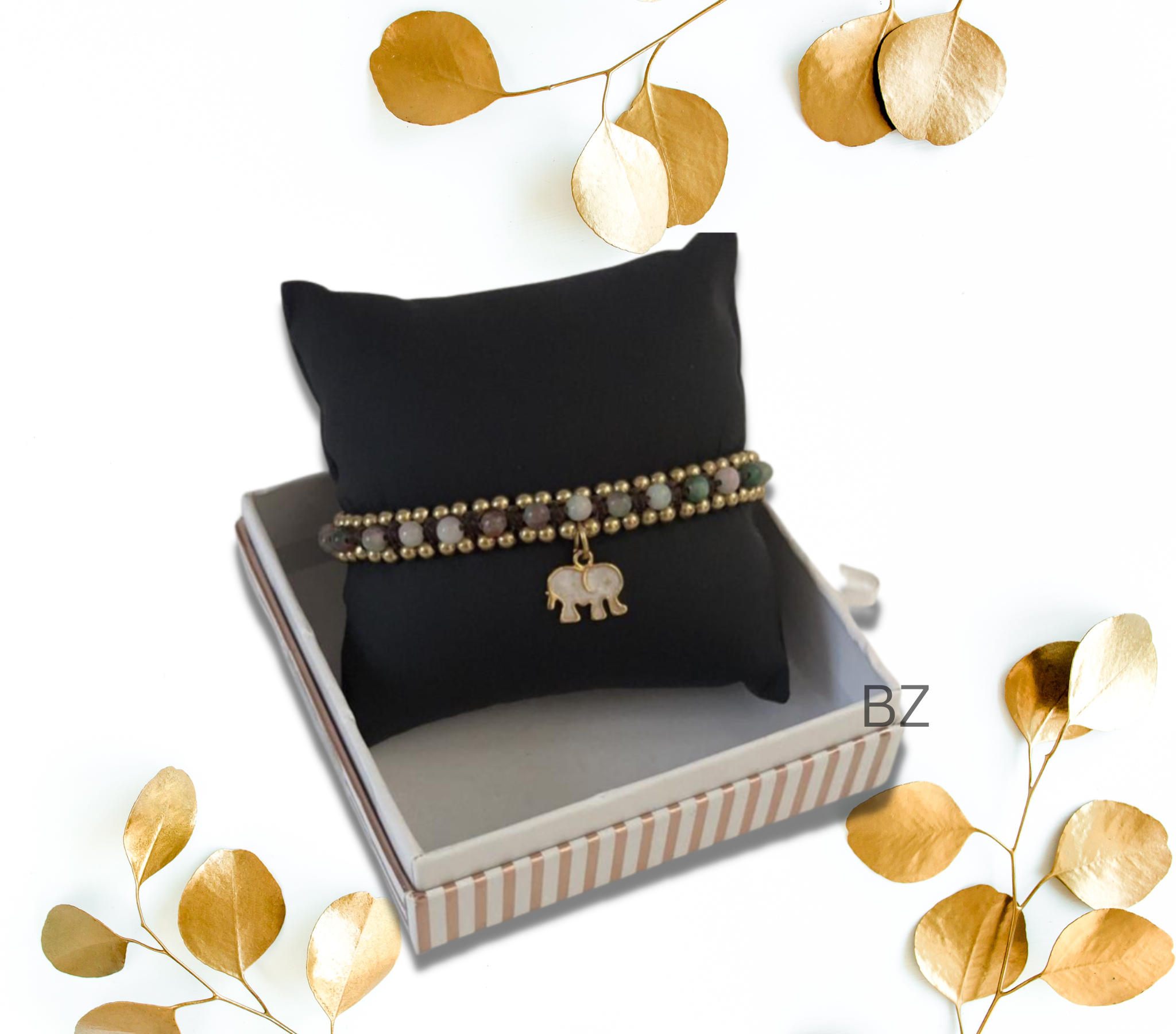 24k Gold Elephant Charm Jasper Bracelet