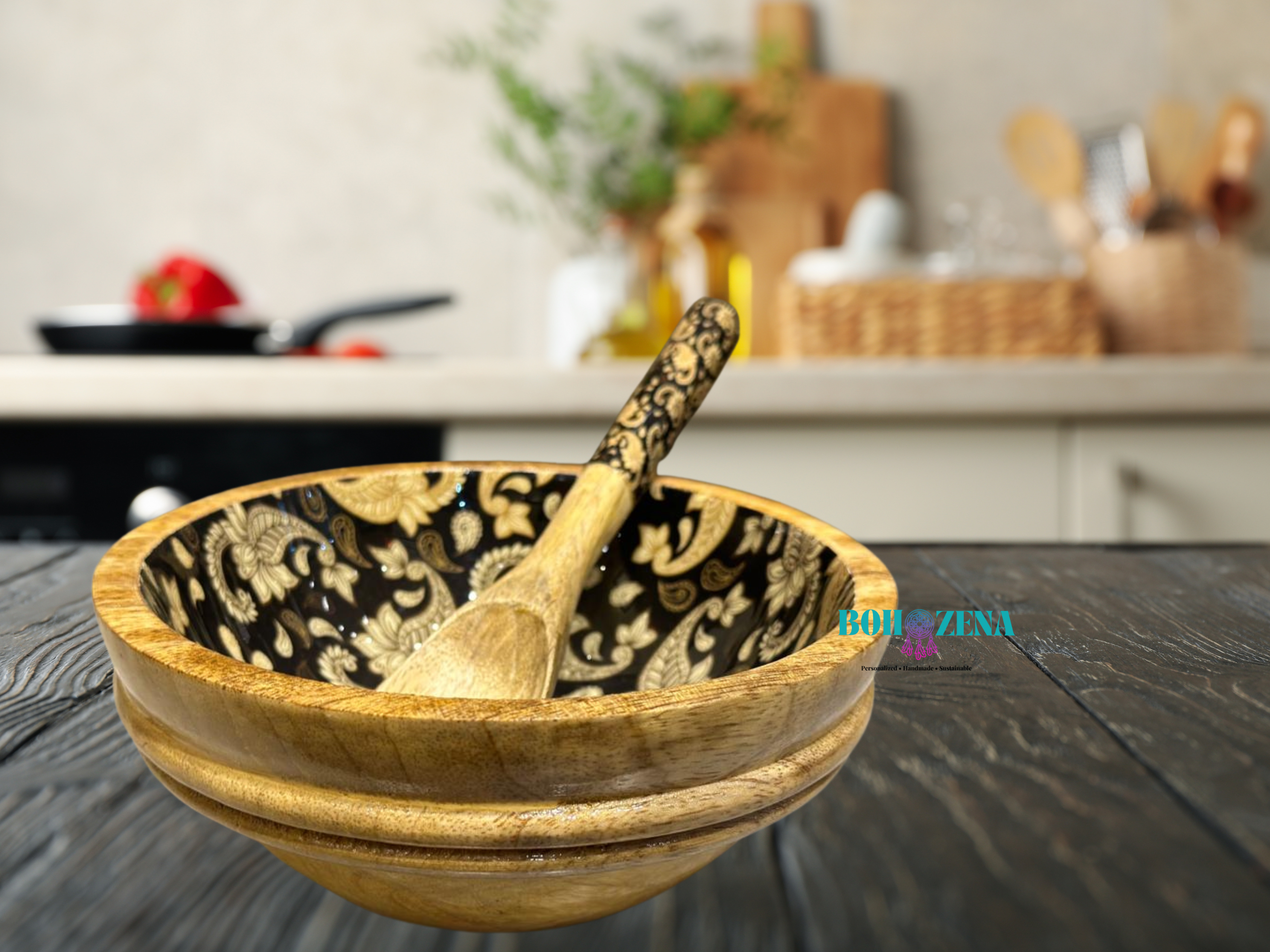 Paisley Mango Wood Serving Bowl Set